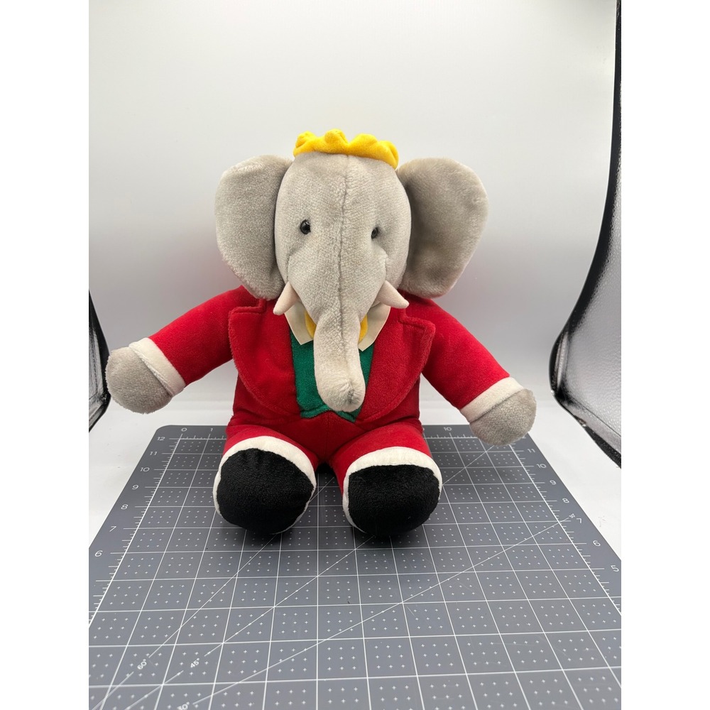 Vintage Babar the Elephant Plush Stuffed Animal Red Suit Yellow Crown 10 inch